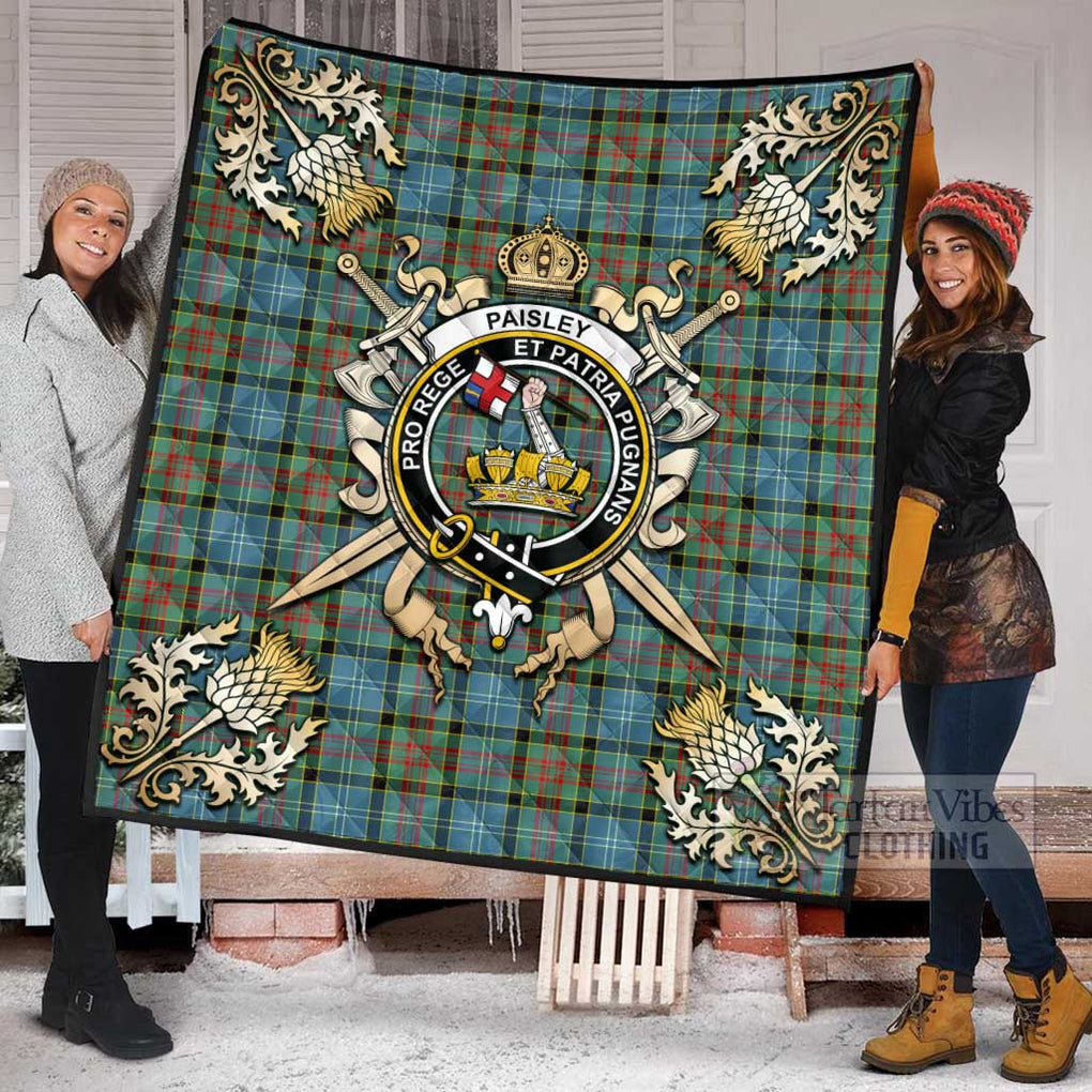 Tartan Vibes Clothing Paisley Tartan Quilt with Family Crest and Scottish Golden Courage Shield