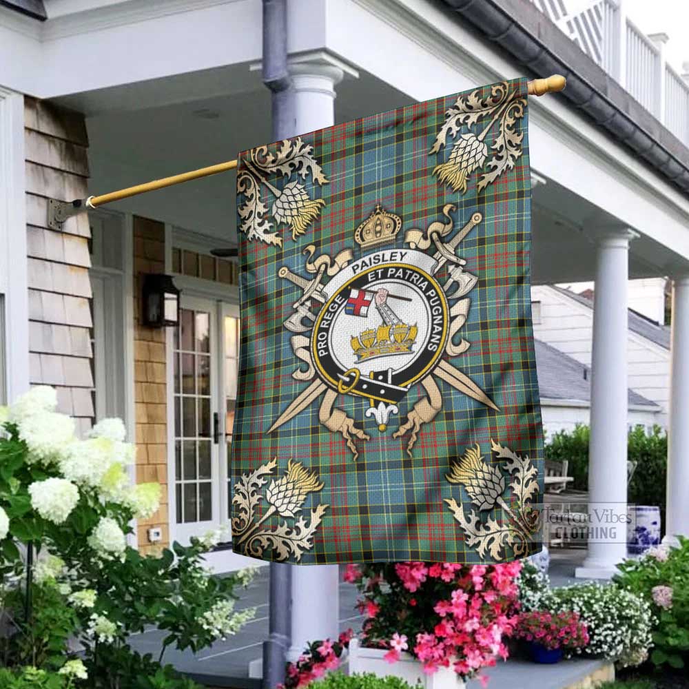 Tartan Vibes Clothing Paisley Tartan Flag with Family Crest and Golden Thistle Crossed Sword Design