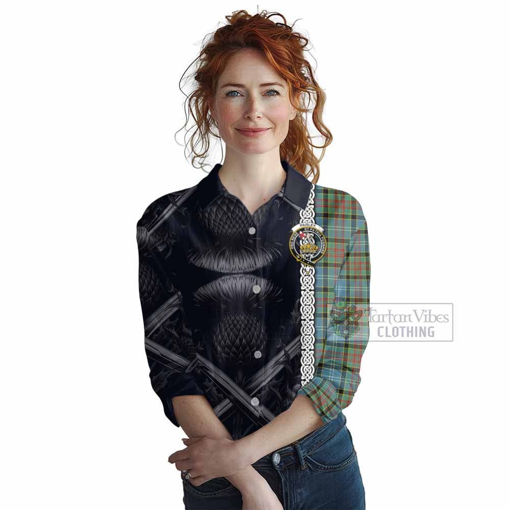 Tartan Vibes Clothing Paisley Tartan Women's Casual Shirt with Family Crest Cross Sword Thistle Celtic Vibes