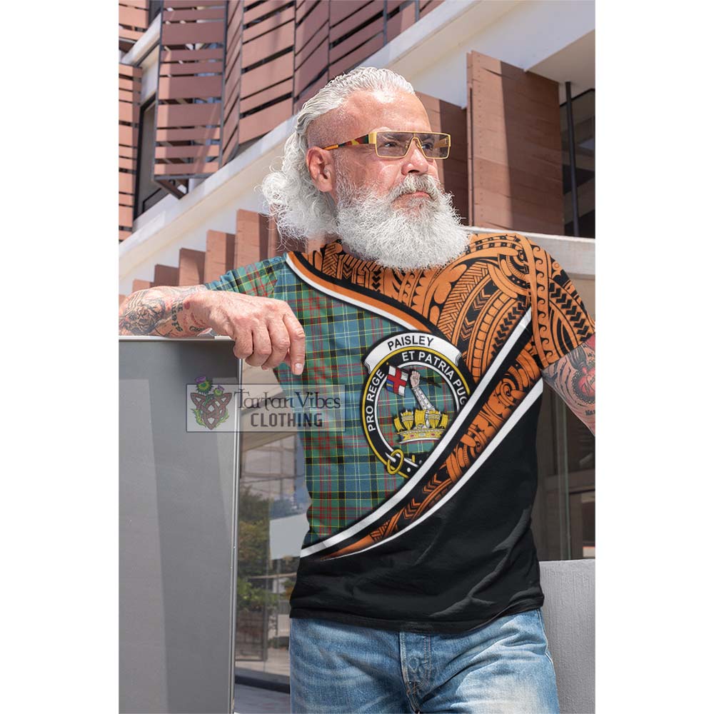 Tartan Vibes Clothing Paisley Crest Tartan Cotton T-shirt with Maori Tattoo Style - Orange Version