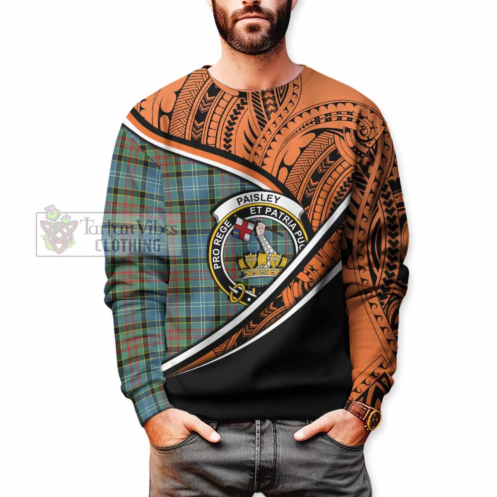 Tartan Vibes Clothing Paisley Crest Tartan Sweatshirt with Maori Tattoo Style - Orange Version