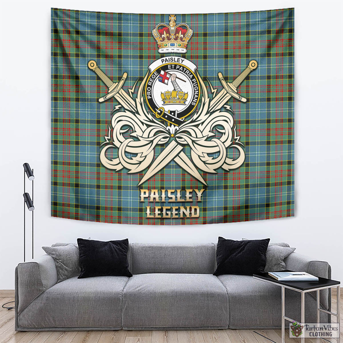 Tartan Vibes Clothing Paisley Tartan Tapestry with Clan Crest and the Golden Sword of Courageous Legacy