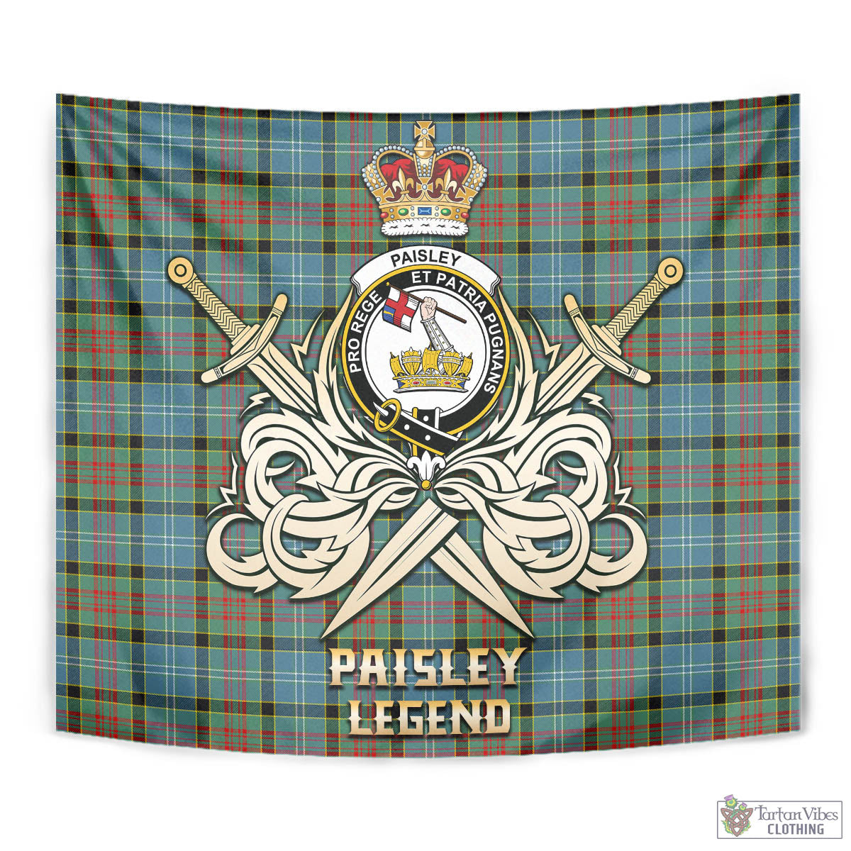 Tartan Vibes Clothing Paisley Tartan Tapestry with Clan Crest and the Golden Sword of Courageous Legacy