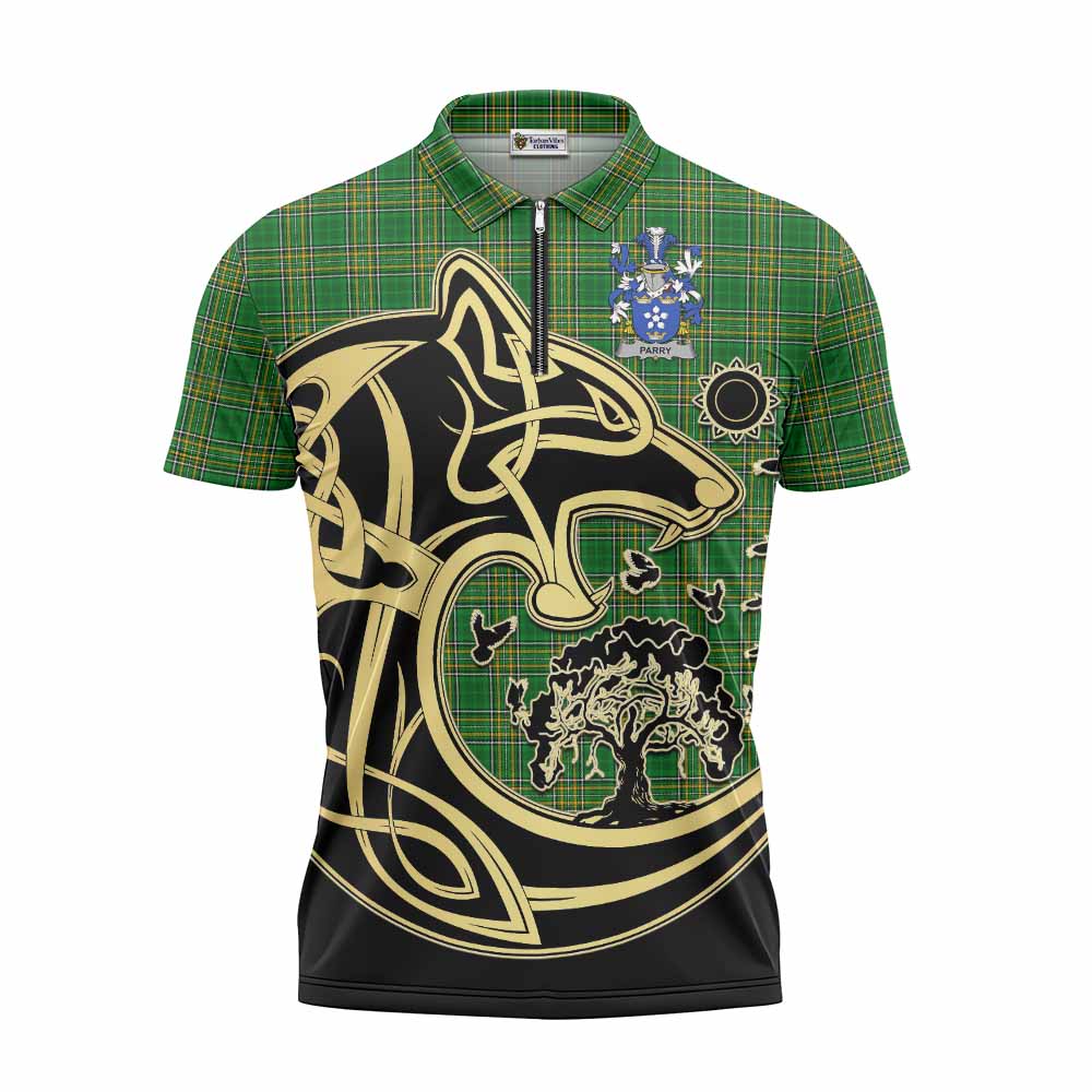Parry Irish Tartan Zipper Polo Shirt with Coat of Arms Celtic Wolf Style Unisex - Tartan Vibes Clothing