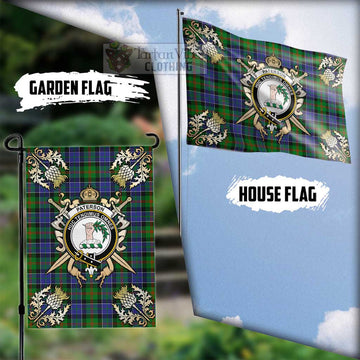 Paterson Tartan Flag with Family Crest and Golden Thistle Crossed Sword Design