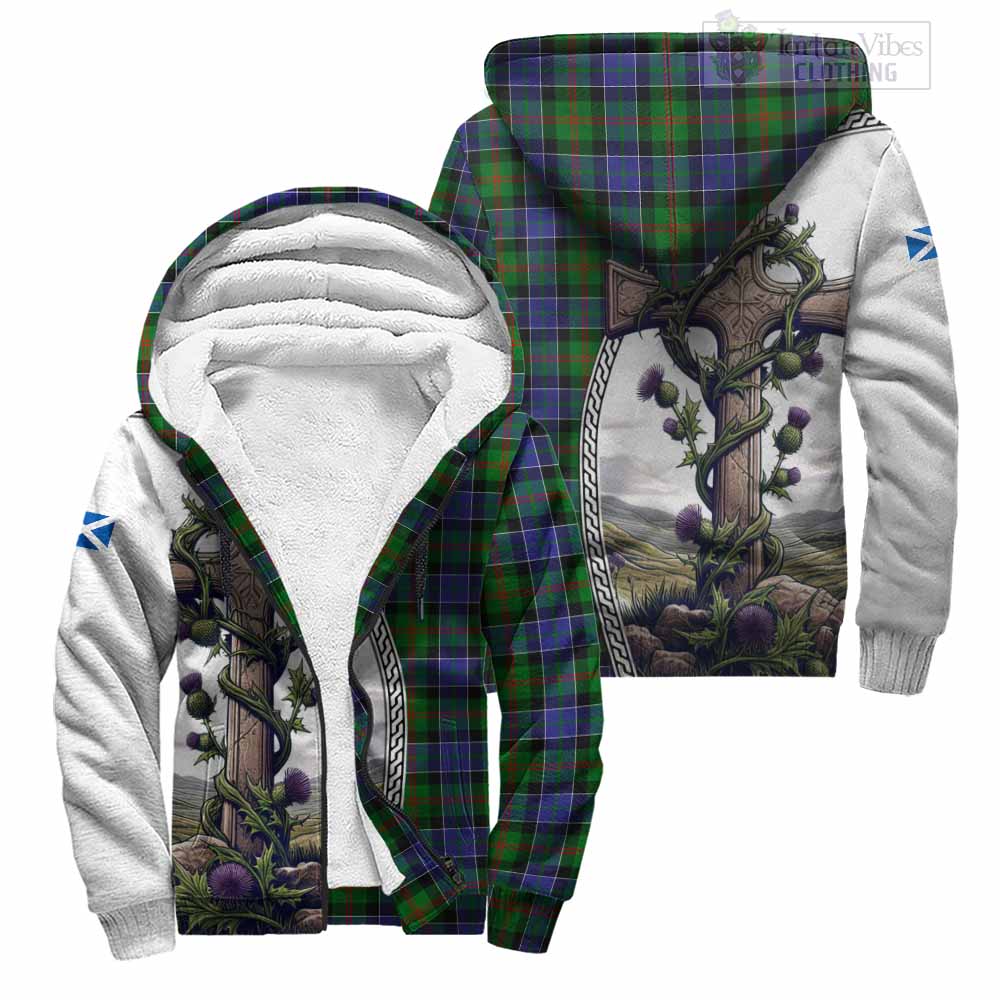 Tartan Vibes Clothing Paterson Tartan Sherpa Hoodie with Family Crest and St. Andrew's Cross Accented by Thistle Vines