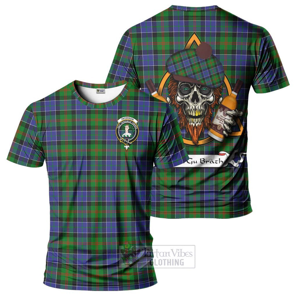 Tartan Vibes Clothing Paterson Tartan T-Shirt with Family Crest and Bearded Skull Holding Bottles of Whiskey