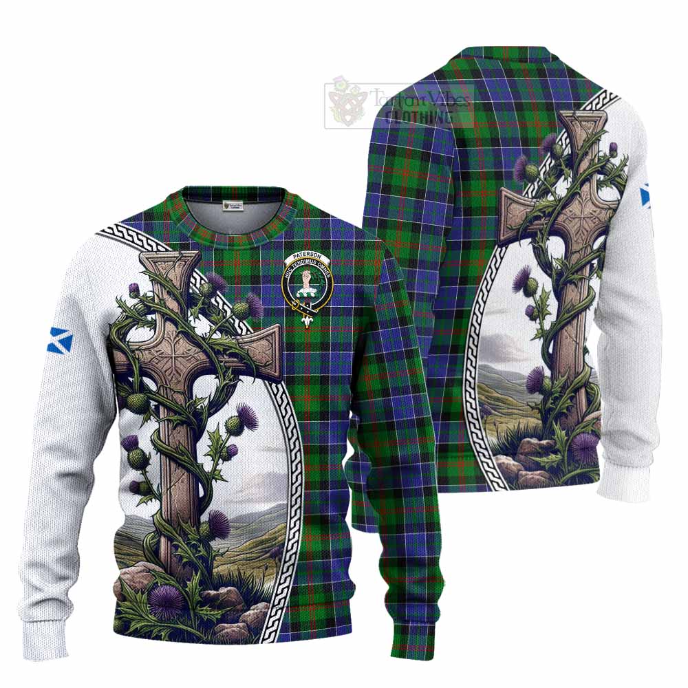 Tartan Vibes Clothing Paterson Tartan Knitted Sweater with Family Crest and St. Andrew's Cross Accented by Thistle Vines