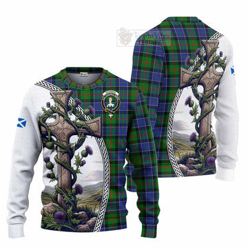 Paterson Tartan Knitted Sweater with Family Crest and St. Andrew's Cross Accented by Thistle Vines