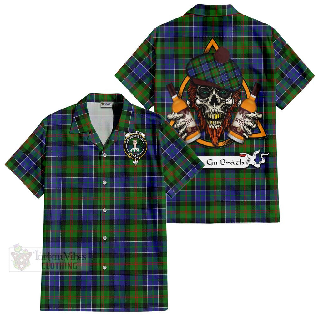 Tartan Vibes Clothing Paterson Tartan Short Sleeve Button Shirt with Family Crest and Bearded Skull Holding Bottles of Whiskey