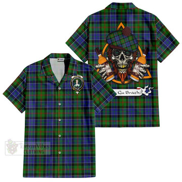 Paterson Tartan Short Sleeve Button Shirt with Family Crest and Bearded Skull Holding Bottles of Whiskey