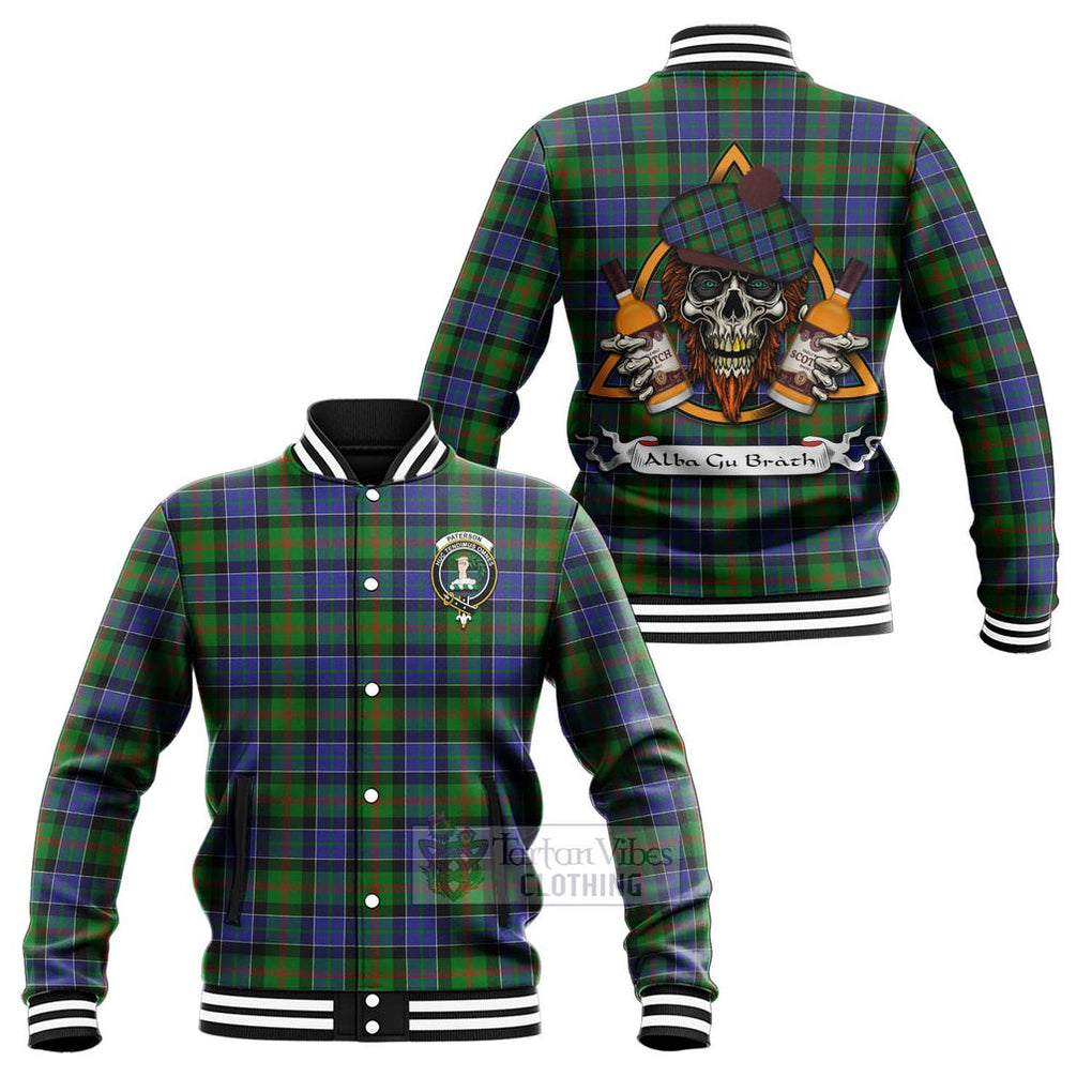 Tartan Vibes Clothing Paterson Tartan Baseball Jacket with Family Crest and Bearded Skull Holding Bottles of Whiskey