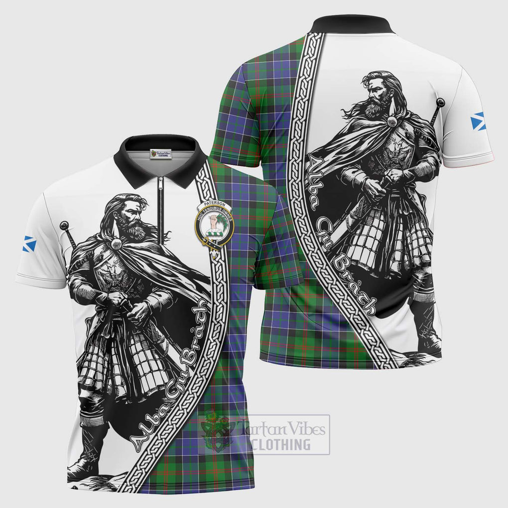 Tartan Vibes Clothing Paterson Tartan Clan Crest Zipper Polo Shirt with Highlander Warrior Celtic Style