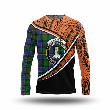 Paterson Crest Tartan Long Sleeve T-Shirt with Polynesian Vibes Style - Orange Version