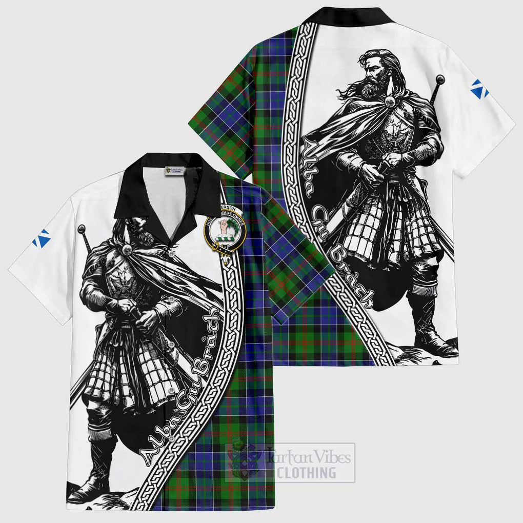 Tartan Vibes Clothing Paterson Tartan Clan Crest Short Sleeve Button Shirt with Highlander Warrior Celtic Style