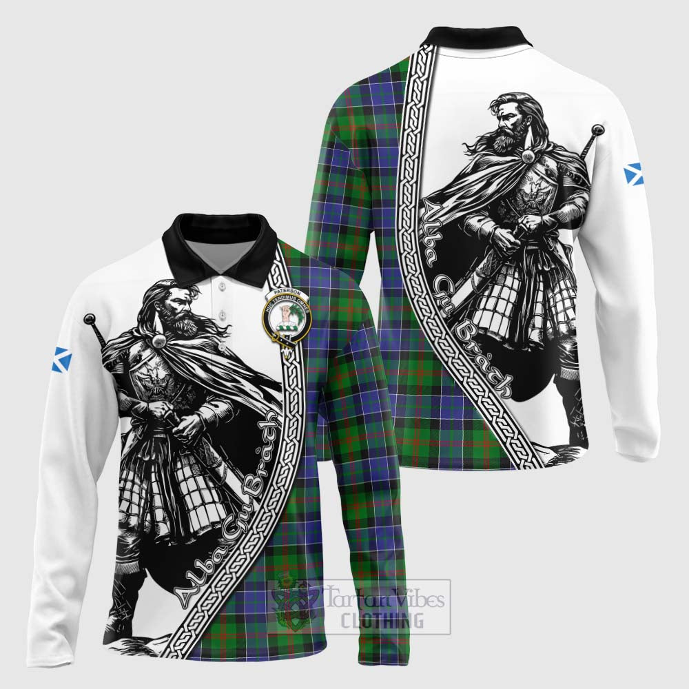 Tartan Vibes Clothing Paterson Tartan Clan Crest Long Sleeve Polo Shirt with Highlander Warrior Celtic Style