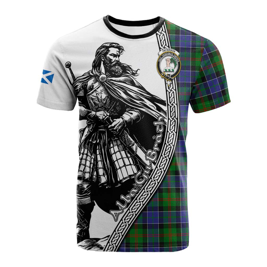 Paterson Tartan Clan Crest Cotton T-shirt with Highlander Warrior Celtic Style