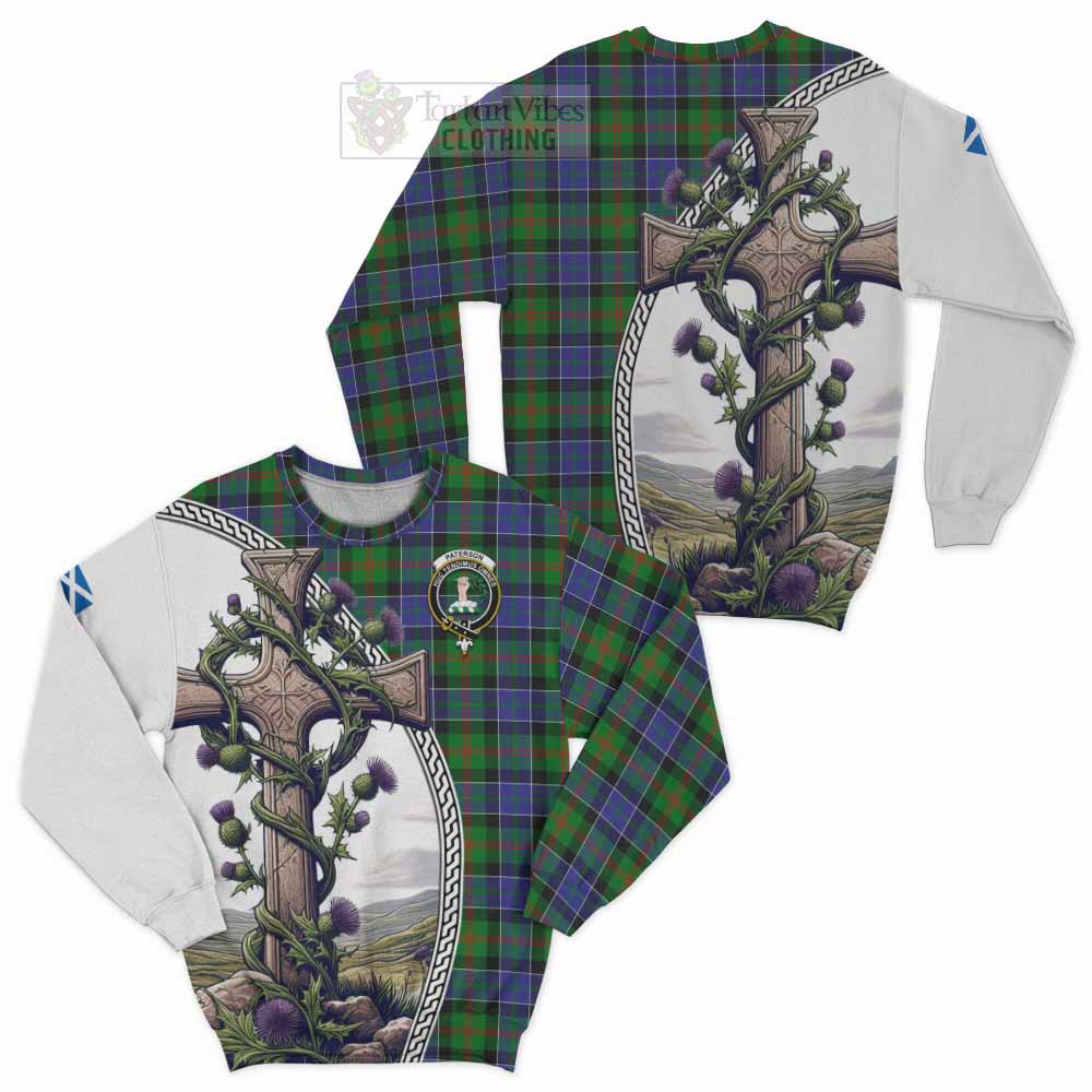 Tartan Vibes Clothing Paterson Tartan Sweatshirt with Family Crest and St. Andrew's Cross Accented by Thistle Vines