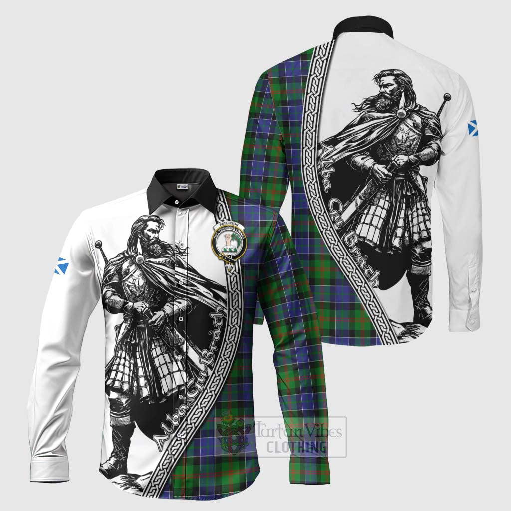 Tartan Vibes Clothing Paterson Tartan Clan Crest Long Sleeve Button Shirt with Highlander Warrior Celtic Style