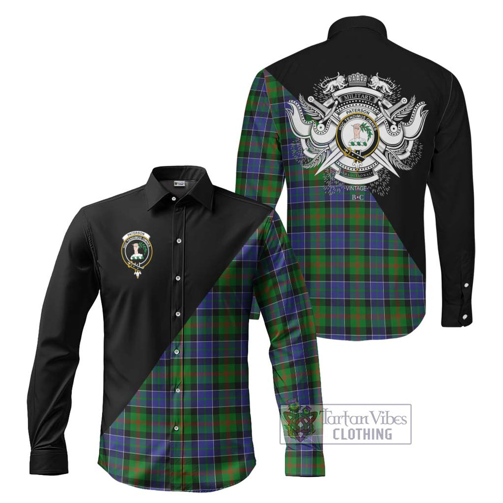 Paterson Tartan Long Sleeve Button Shirt with Family Crest and Military Logo Style Men's Shirt S - Tartanvibesclothing Shop