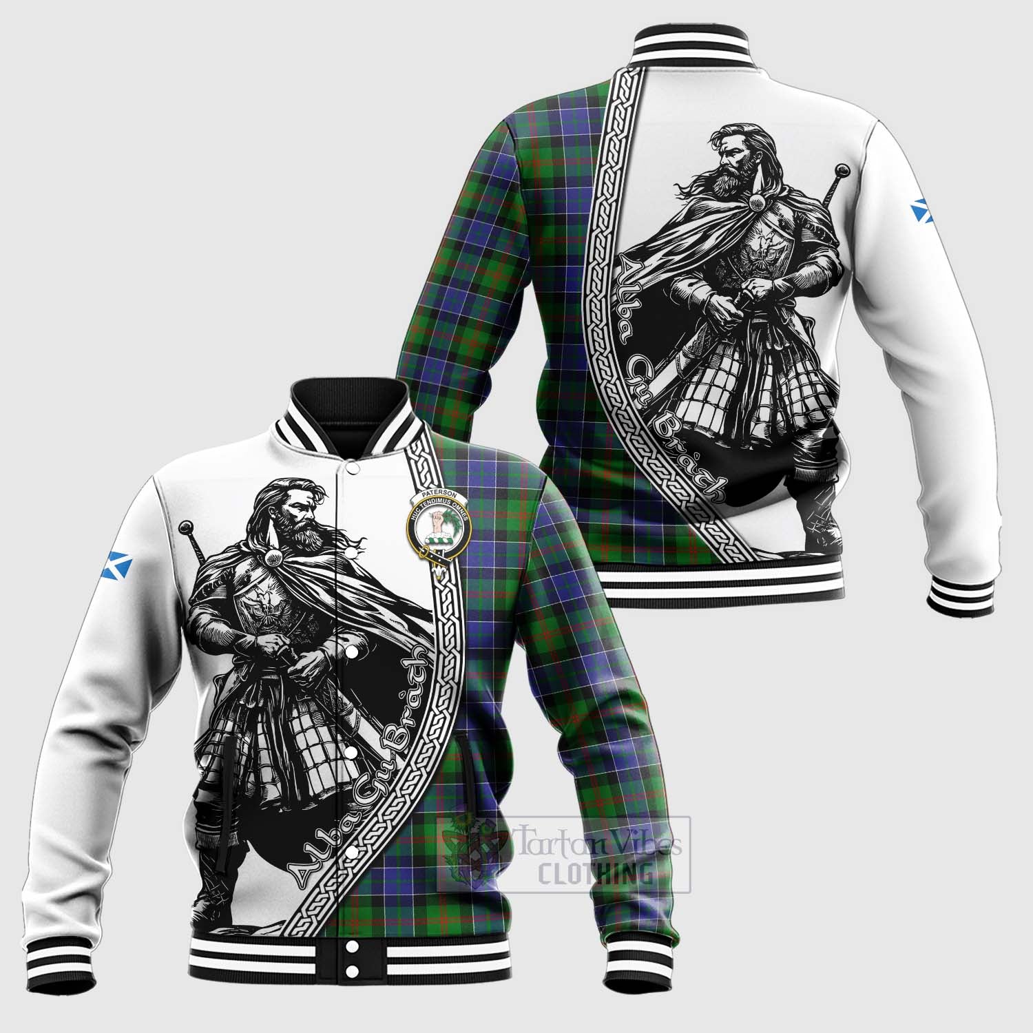 Tartan Vibes Clothing Paterson Tartan Clan Crest Baseball Jacket with Highlander Warrior Celtic Style