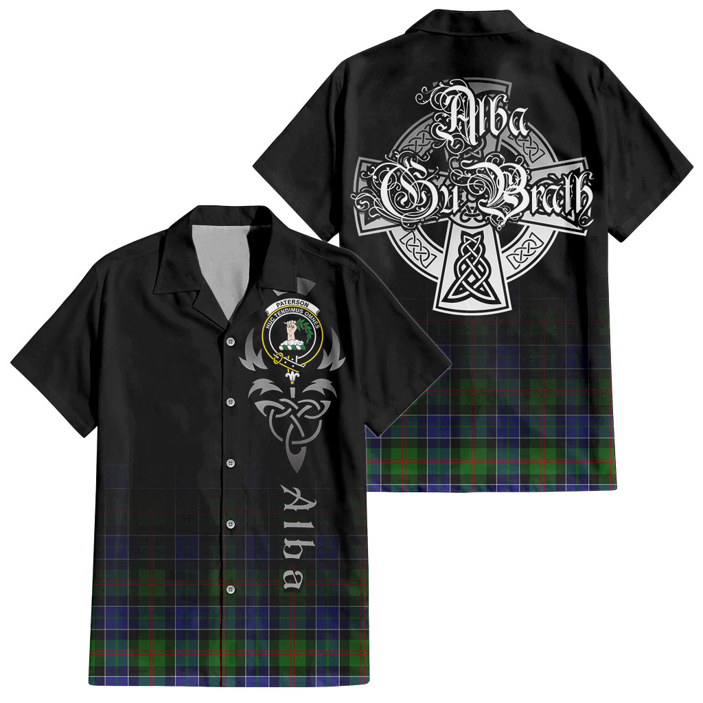 Tartan Vibes Clothing Paterson Tartan Short Sleeve Button Up Featuring Alba Gu Brath Family Crest Celtic Inspired