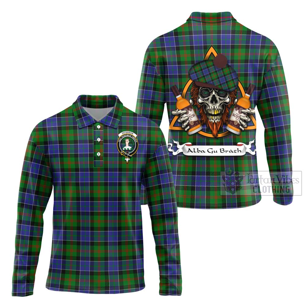 Tartan Vibes Clothing Paterson Tartan Long Sleeve Polo Shirt with Family Crest and Bearded Skull Holding Bottles of Whiskey