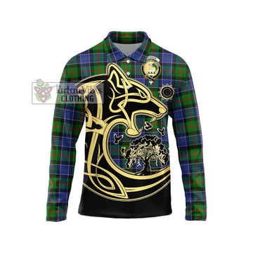 Paterson Tartan Long Sleeve Polo Shirt with Family Crest Celtic Wolf Style