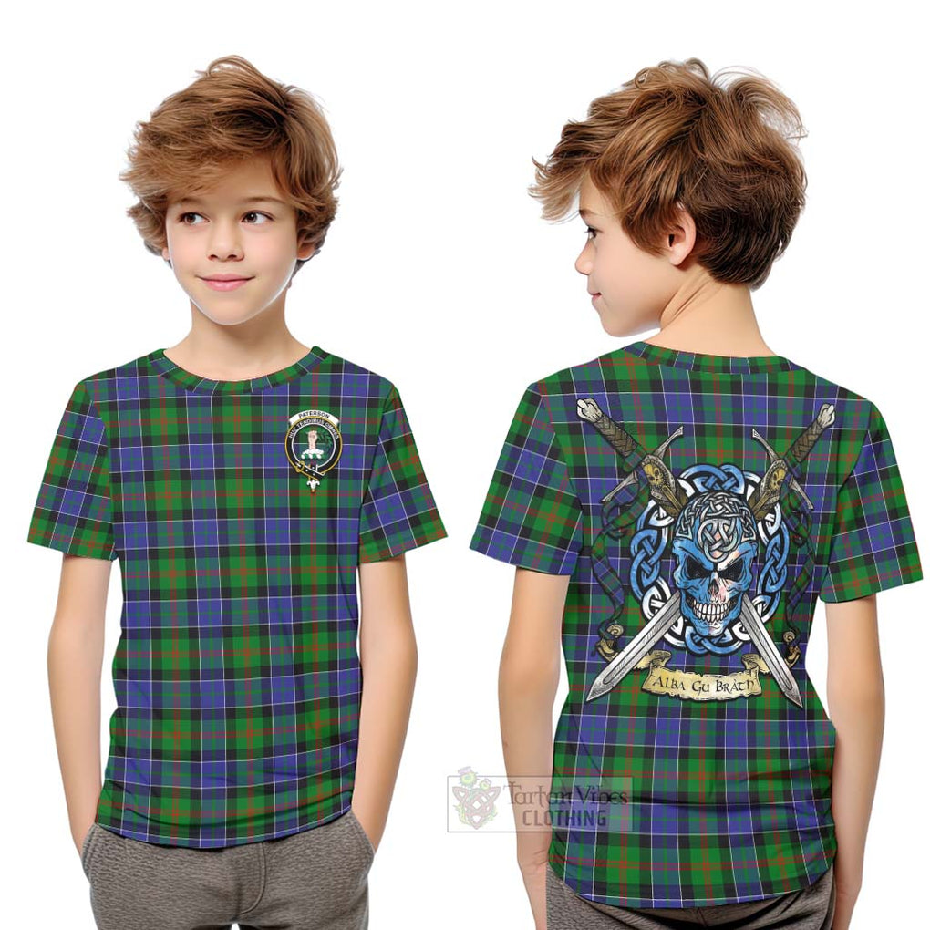 Tartan Vibes Clothing Paterson Tartan Kid T-Shirt with Family Crest Celtic Skull Style