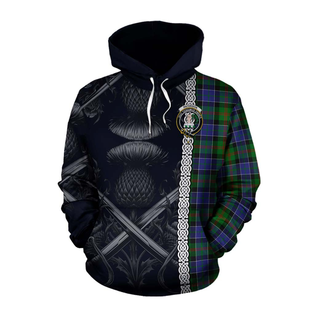 Tartan Vibes Clothing Paterson Tartan Cotton Hoodie with Family Crest Cross Sword Thistle Celtic Vibes