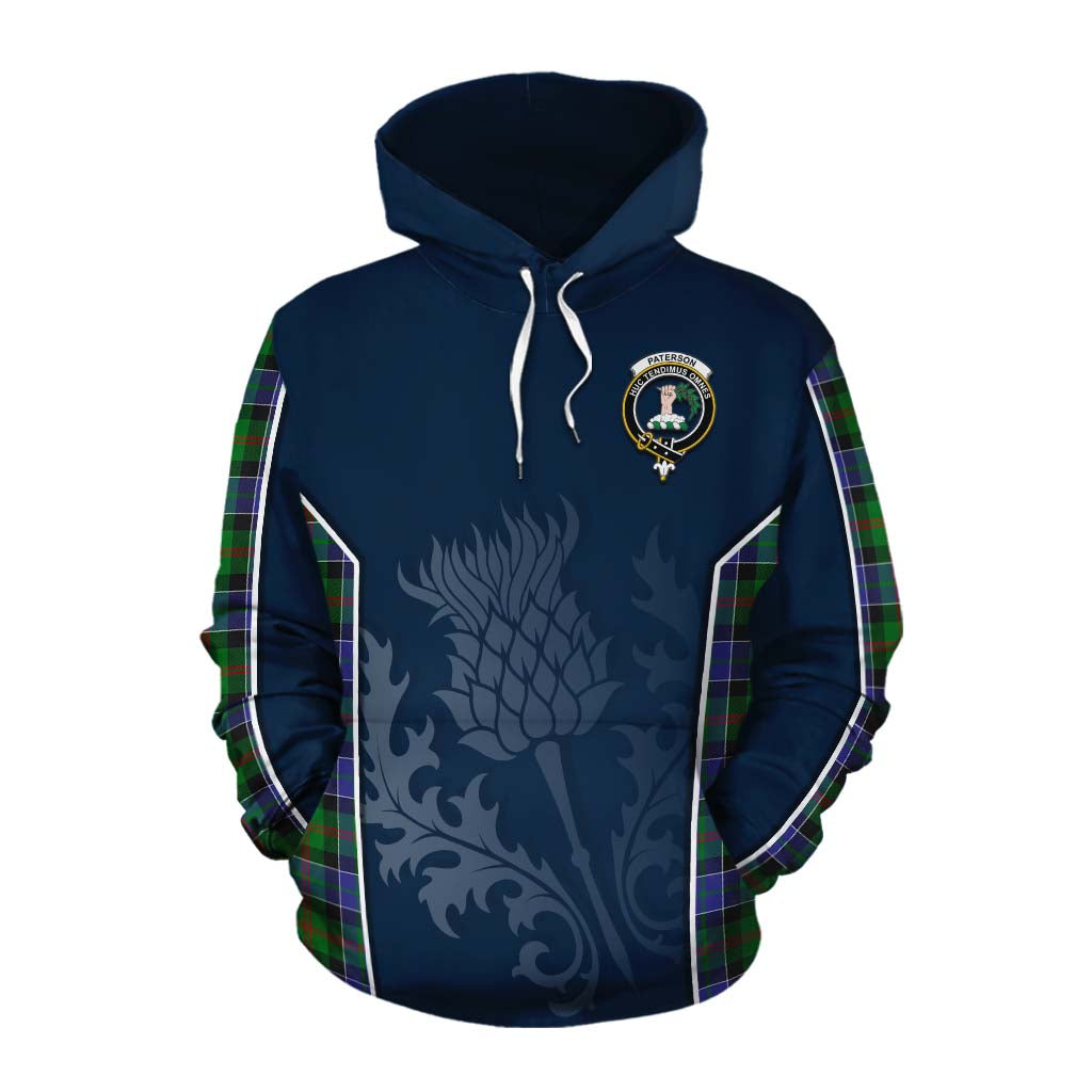 Tartan Vibes Clothing Paterson Tartan Cotton Hoodie with Family Crest and Scottish Thistle Vibes Sport Style