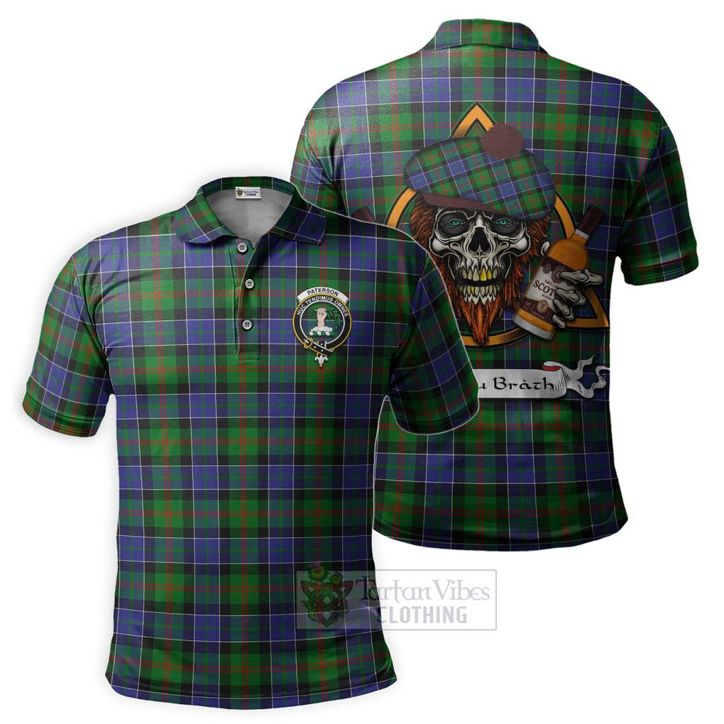 Tartan Vibes Clothing Paterson Tartan Polo Shirt with Family Crest and Bearded Skull Holding Bottles of Whiskey