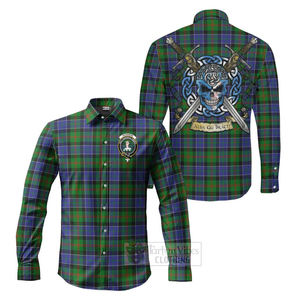 Tartan Vibes Clothing Paterson Tartan Long Sleeve Button Shirt with Family Crest Celtic Skull Style