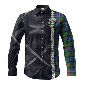 Paterson Tartan Long Sleeve Button Shirt with Family Crest Cross Sword Thistle Celtic Vibes