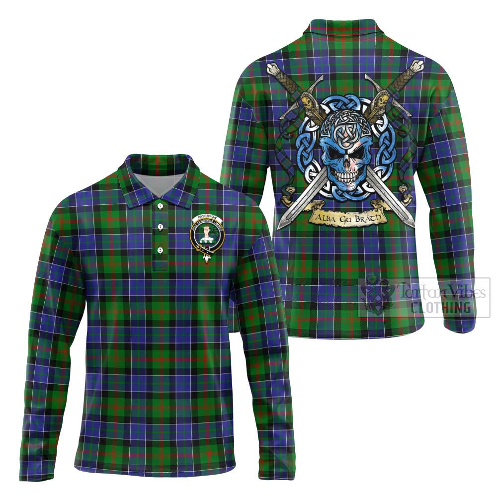 Tartan Vibes Clothing Paterson Tartan Long Sleeve Polo Shirt with Family Crest Celtic Skull Style