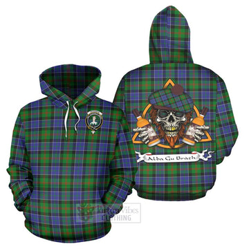 Paterson Tartan Hoodie with Family Crest and Bearded Skull Holding Bottles of Whiskey