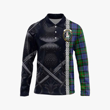 Paterson Tartan Long Sleeve Polo Shirt with Family Crest Cross Sword Thistle Celtic Vibes