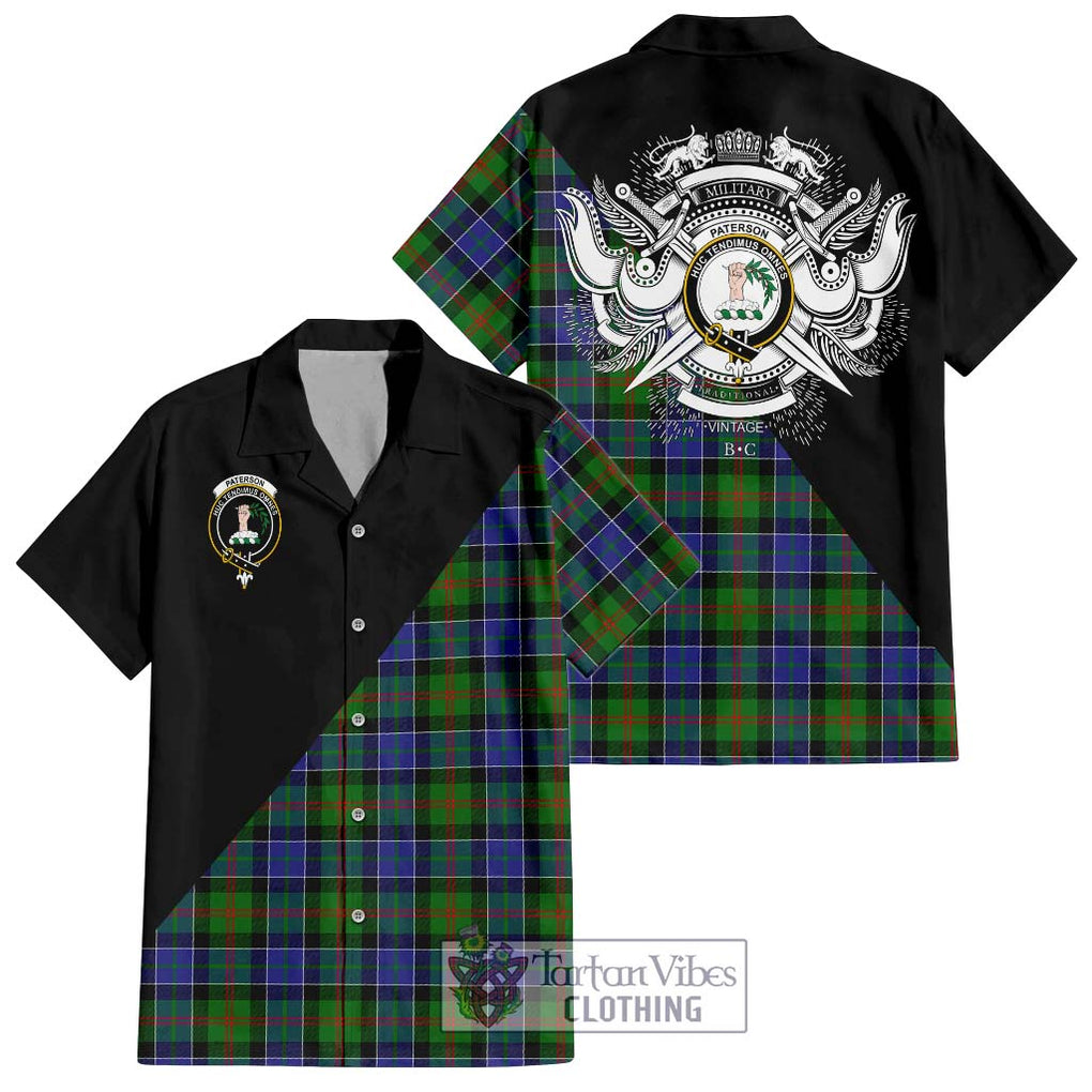 Paterson Tartan Short Sleeve Button Shirt with Family Crest and Military Logo Style Kid - Tartanvibesclothing Shop