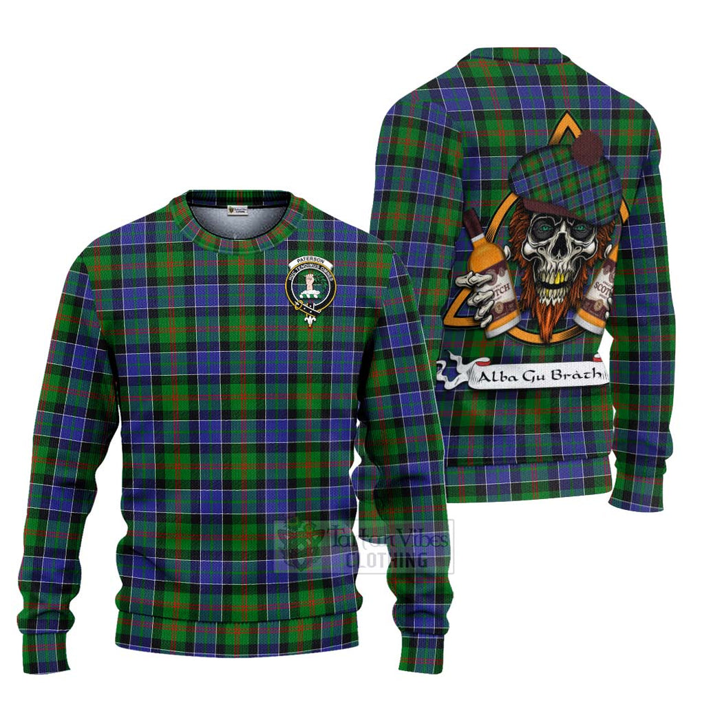 Tartan Vibes Clothing Paterson Tartan Knitted Sweater with Family Crest and Bearded Skull Holding Bottles of Whiskey