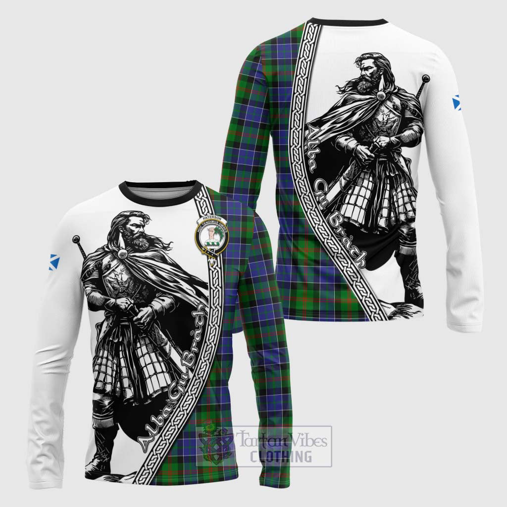 Tartan Vibes Clothing Paterson Tartan Clan Crest Long Sleeve T-Shirt with Highlander Warrior Celtic Style