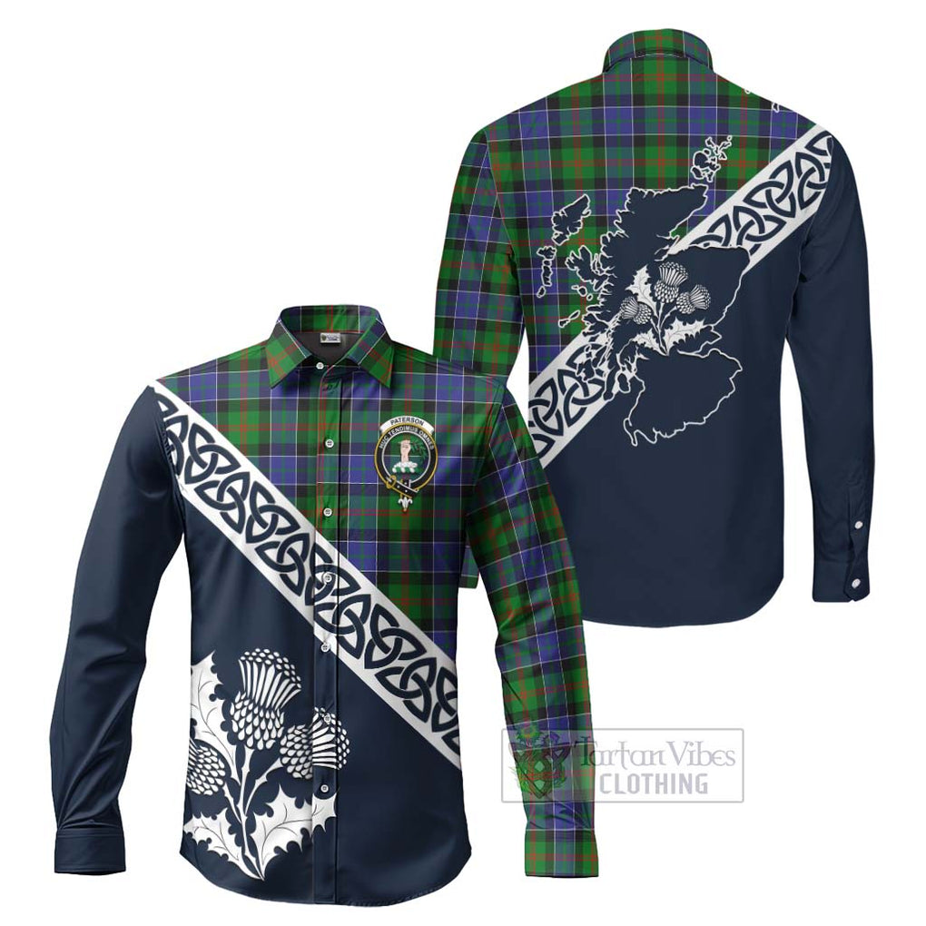 Tartan Vibes Clothing Paterson Tartan Long Sleeve Button Shirt Featuring Thistle and Scotland Map