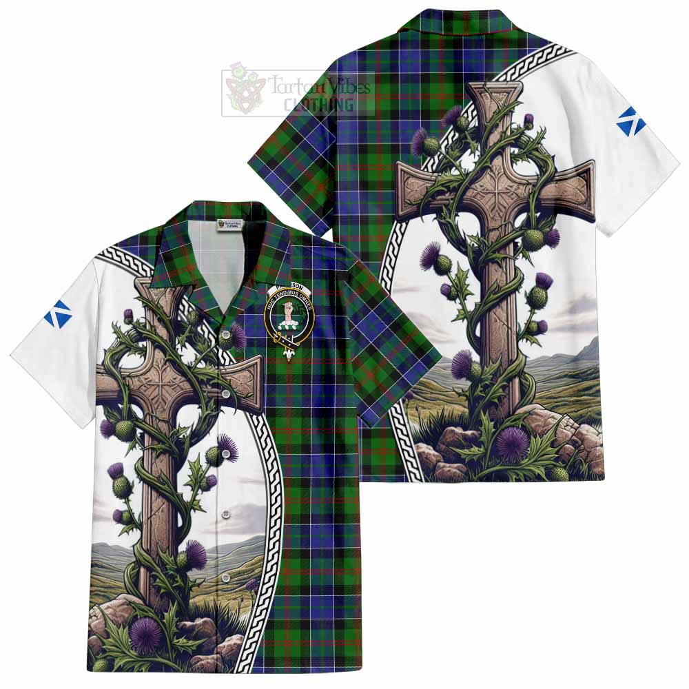 Tartan Vibes Clothing Paterson Tartan Short Sleeve Button Shirt with Family Crest and St. Andrew's Cross Accented by Thistle Vines