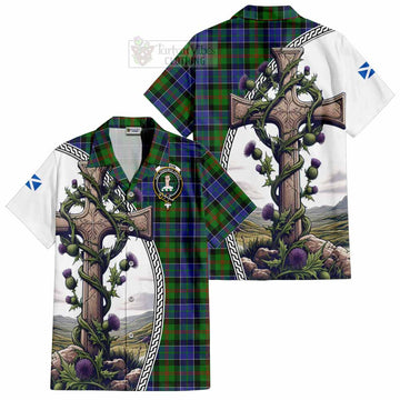 Paterson Tartan Short Sleeve Button Shirt with Family Crest and St. Andrew's Cross Accented by Thistle Vines