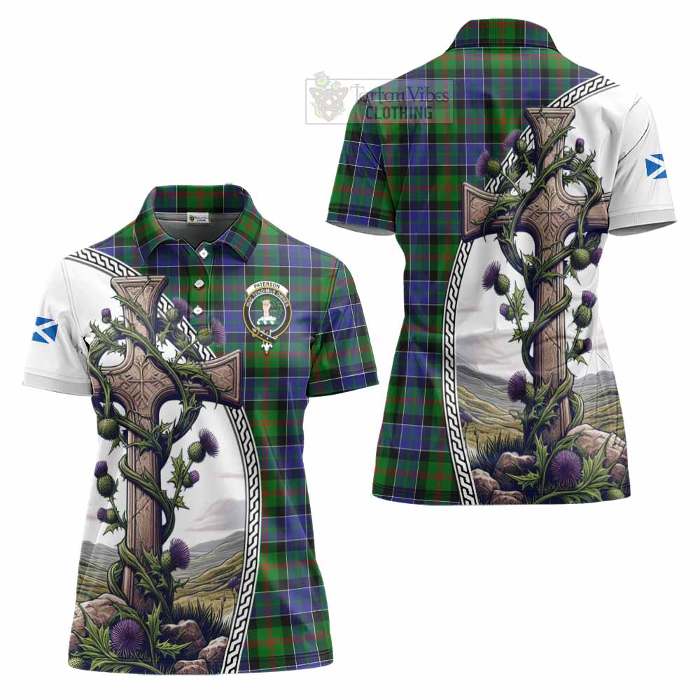 Tartan Vibes Clothing Paterson Tartan Women's Polo Shirt with Family Crest and St. Andrew's Cross Accented by Thistle Vines