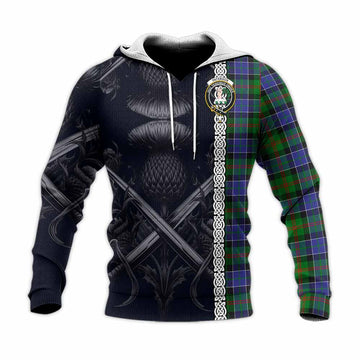 Paterson Tartan Knitted Hoodie with Family Crest Cross Sword Thistle Celtic Vibes