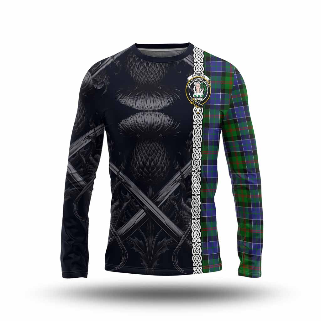 Tartan Vibes Clothing Paterson Tartan Long Sleeve T-Shirt with Family Crest Cross Sword Thistle Celtic Vibes