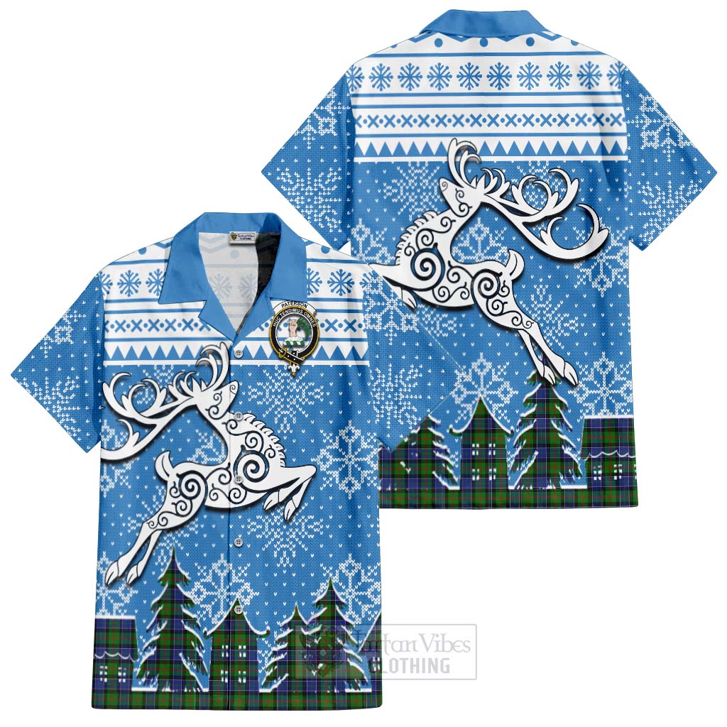 Tartan Vibes Clothing Paterson Clan Christmas Short Sleeve Button Shirt Celtic Reindeer Style