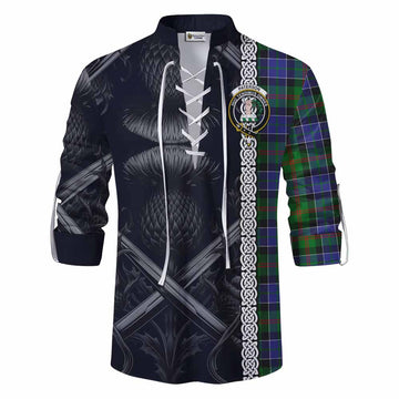 Paterson Tartan Ghillie Kilt Shirt with Family Crest Cross Sword Thistle Celtic Vibes