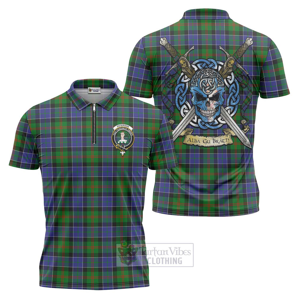 Tartan Vibes Clothing Paterson Tartan Zipper Polo Shirt with Family Crest Celtic Skull Style