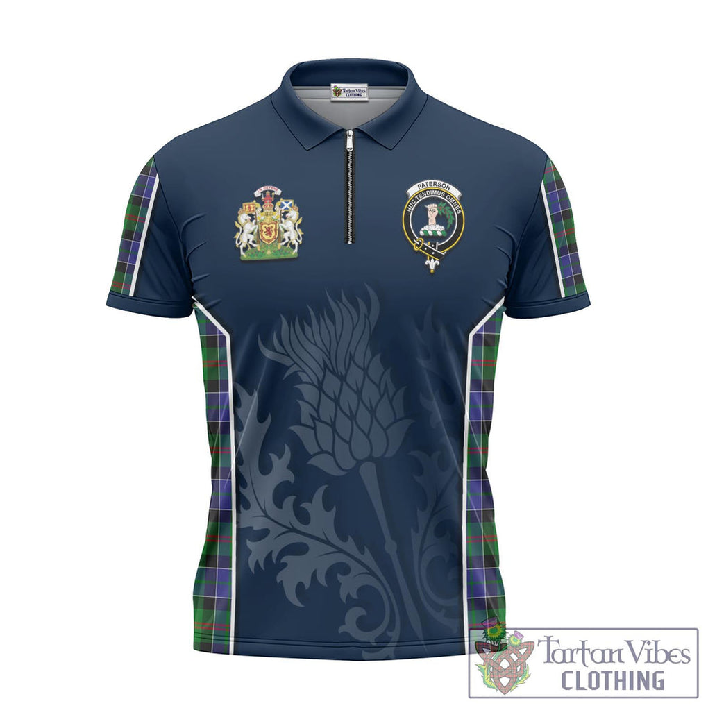 Tartan Vibes Clothing Paterson Tartan Zipper Polo Shirt with Family Crest and Scottish Thistle Vibes Sport Style